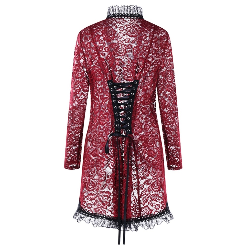 Lace Up Gothic Plus Size Lace Cardigan - Wine Red